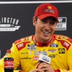 Aug 31, 2024; Darlington, South Carolina, USA; NASCAR Cup Series driver Joey Logano speaks with the media prior to practice for the Cook Out Southern 500 at Darlington Raceway. Mandatory Credit: Jasen Vinlove-Imagn Images