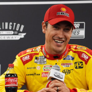Aug 31, 2024; Darlington, South Carolina, USA; NASCAR Cup Series driver Joey Logano speaks with the media prior to practice for the Cook Out Southern 500 at Darlington Raceway. Mandatory Credit: Jasen Vinlove-Imagn Images