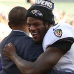 Oct 6, 2024; Cincinnati, Ohio, USA; Baltimore Ravens quarterback Lamar Jackson (8) celebrates after the game against the Cincinnati Bengals at Paycor Stadium.