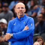 Oct 10, 2024; Dallas, Texas, USA; Dallas Mavericks head coach Jason Kidd reacts during the second half against the Utah Jazz at American Airlines Center. Mandatory Credit: Kevin Jairaj-Imagn Images