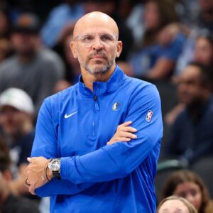 Oct 10, 2024; Dallas, Texas, USA; Dallas Mavericks head coach Jason Kidd reacts during the second half against the Utah Jazz at American Airlines Center. Mandatory Credit: Kevin Jairaj-Imagn Images