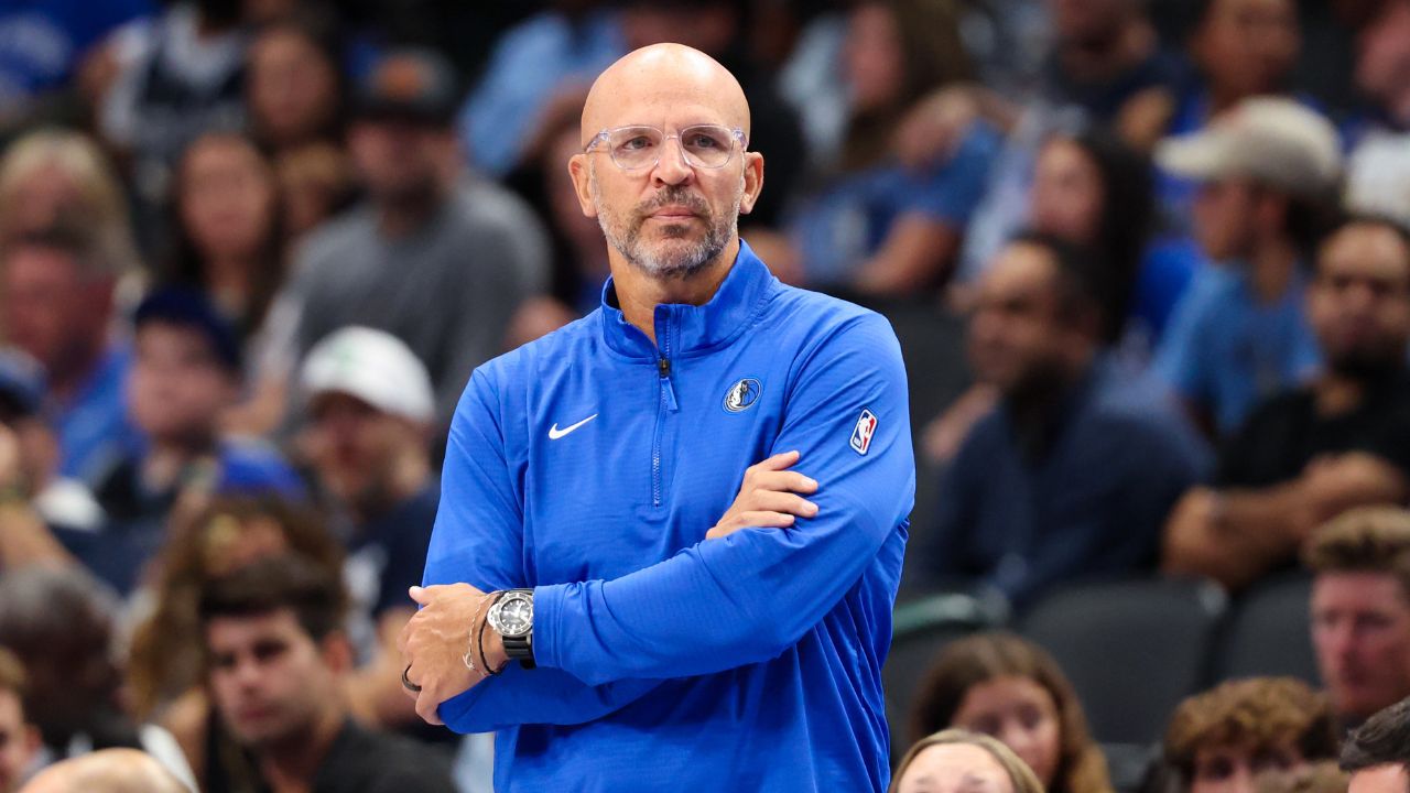 Oct 10, 2024; Dallas, Texas, USA; Dallas Mavericks head coach Jason Kidd reacts during the second half against the Utah Jazz at American Airlines Center. Mandatory Credit: Kevin Jairaj-Imagn Images