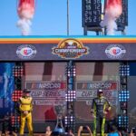 (L-R) The NASCAR Cup Series Championship Four, William Byron (24), Christopher Bell (20), Ryan Blaney (12) and Kyle Larson (5) stand on stage during driver introductions for the Cup Series Championship race at Phoenix Raceway in Avondale on Nov. 5, 2023.