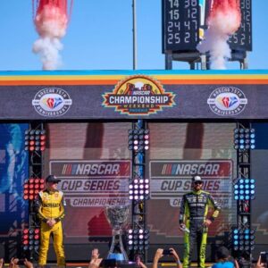 (L-R) The NASCAR Cup Series Championship Four, William Byron (24), Christopher Bell (20), Ryan Blaney (12) and Kyle Larson (5) stand on stage during driver introductions for the Cup Series Championship race at Phoenix Raceway in Avondale on Nov. 5, 2023.