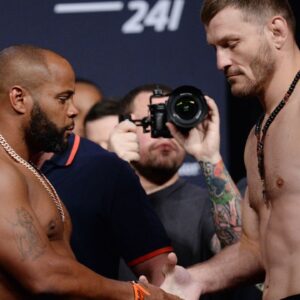 Daniel Cormier and Stipe Miocic meet face to face during weigh ins for UFC 241 at Anaheim Convention Center.