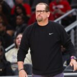 Philadelphia 76ers head coach Nick Nurse on the sideline against the Atlanta Hawks in the second quarter at State Farm Arena.