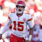 Oct 20, 2024; Santa Clara, California, USA; Kansas City Chiefs quarterback Patrick Mahomes (15) reacts after the Chiefs scored a touchdown against the San Francisco 49ers in the fourth quarter at Levi's Stadium.