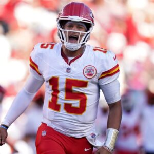 Oct 20, 2024; Santa Clara, California, USA; Kansas City Chiefs quarterback Patrick Mahomes (15) reacts after the Chiefs scored a touchdown against the San Francisco 49ers in the fourth quarter at Levi's Stadium.