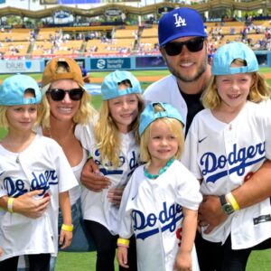 Los Angeles Rams quarterback Matthew Stafford (9) with his wife Kelly with their 4 daughters on the field prior to the game between the Los Angeles Dodgers and the Atlanta Braves at Dodger Stadium. Stafford was at the game on Rams day.