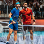 Rafael Nadal and Novak Djokovic before their third-place contest at the Six Kings Slam.