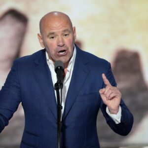 Dana White, CEO of Ultimate Fighting Championship introduces Republican presidential nominee Donald J. Trump during the final day of the Republican National Convention at the Fiserv Forum. The final day of the RNC featured a keynote address by Republican presidential nominee Donald Trump