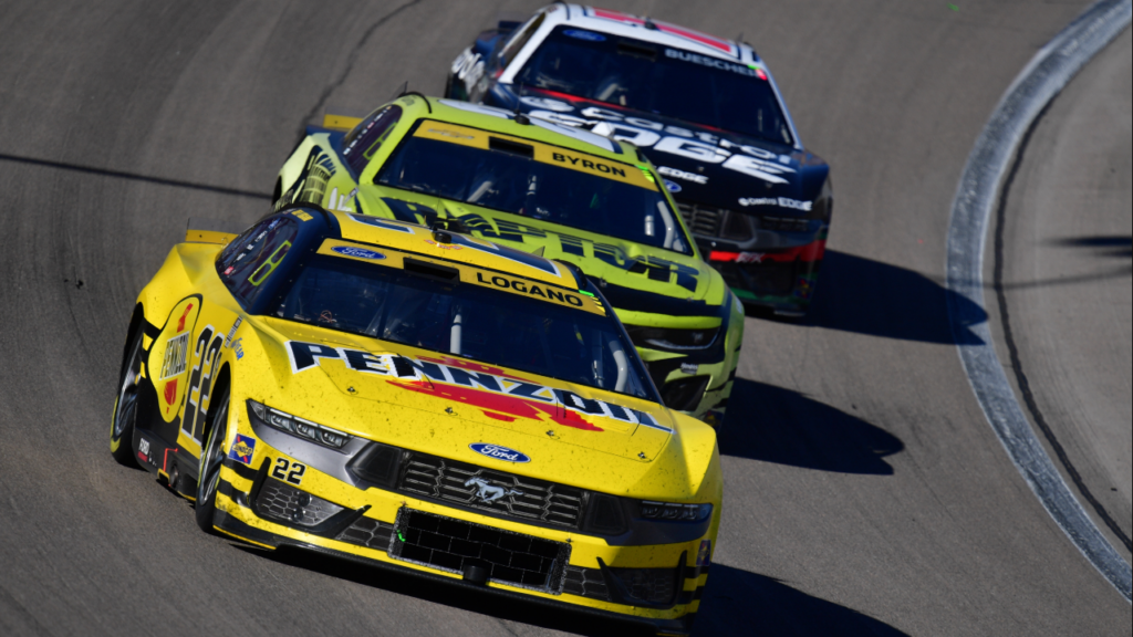Cup Series driver Joey Logano (22) leads driver William Byron (24) and driver Chris Buescher (17) during the South Point 400 at Las Vegas Motor Speedway.