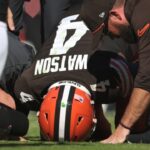 Cleveland Browns quarterback Deshaun Watson (4) lies on the ground after being injured during the first half against the Cincinnati Bengals at Huntington Bank Field.