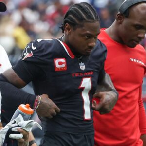 Oct 27, 2024; Houston, Texas, USA; Houston Texans wide receiver Stefon Diggs (1) walks off the field after an apparent injury during the third quarter against the Indianapolis Colts at NRG Stadium.
