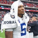 Oct 27, 2024; Houston, Texas, USA; Indianapolis Colts quarterback Anthony Richardson (5) reacts after the game against the Houston Texans at NRG Stadium.