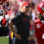 Graham Nicholson(L), Kalen DeBoer(C) and Jalen Milroe(R)