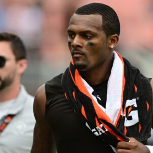 Cleveland Browns quarterback Deshaun Watson walks off the field after the Browns lost to the New York Giants at Huntington Bank Field.
