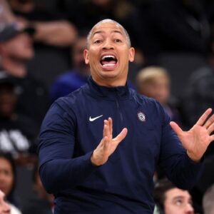 Los Angeles Clippers head coach Tyronn Lue reacts to a play during the second quarter of NBA preseason game against the Sacramento Kings at Intuit Dome
