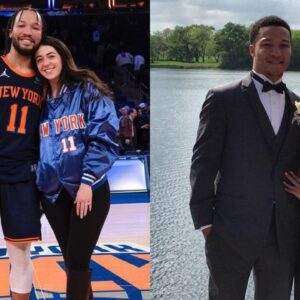 Jalen Brunson and Ali Marks (L) and Jalen and Ali's prom photo (R)