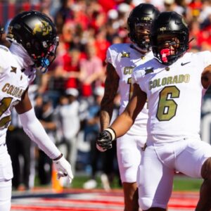 Colorado Buffalos wide receiver Drelon Miller (6) celebrates after scoring a touchdown against the Arizona Wildcats in the first half at Arizona Stadium