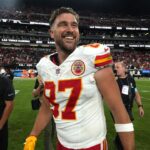 Kansas City Chiefs tight end Travis Kelce (87) reacts after the game against the Las Vegas Raiders at Allegiant Stadium