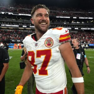 Kansas City Chiefs tight end Travis Kelce (87) reacts after the game against the Las Vegas Raiders at Allegiant Stadium