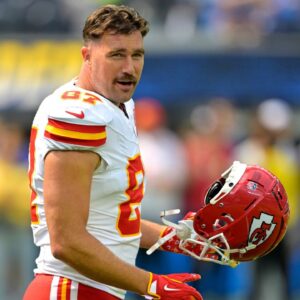 Kansas City Chiefs tight end Travis Kelce (87) looks on prior to the game against the Los Angeles Chargers at SoFi Stadium.