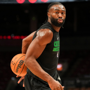 Boston Celtics guard Jaylen Brown (7) warms up before playing the Toronto Raptors at Scotiabank Arena.