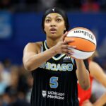 Chicago Sky forward Angel Reese (5) shoots a free throw against the Indiana Fever during the second half at Wintrust Arena.