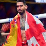 Ilia Topuria celebrates his championship victory against Alexander Volkanovski during UFC 298 at Honda Center