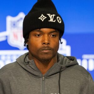 Oregon defensive back Khyree Jackson (DB16) talks to the media during the 2024 NFL Combine at Lucas Oil Stadium.