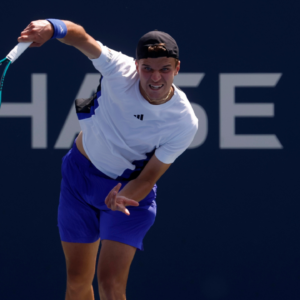 Jakub Mensik (CZE) serves against Felix Auger-Aliassime (CAN)(not pictured) in a men's singles match on day two of the 2024 U.S. Open tennis tournament