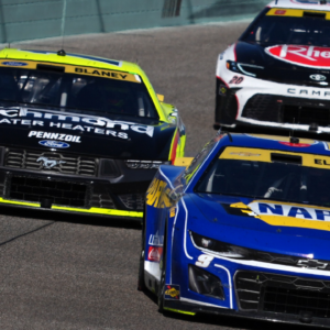 NASCAR Cup Series driver Chase Elliot (9) leads NASCAR Cup Series driver Bubba Wallace (23) and NASCAR Cup Series driver Christopher Bell (20) during the Straight Talk Wireless 400 at Homestead-Miami Speedway.