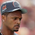 Browns quarterback Deshaun Watson heads back to the locker room before a preseason game.
