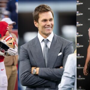 George Kittle(L), Tom Brady(C) and Rob Gronkowski(R).