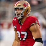 Oct 27, 2024; Santa Clara, California, USA; San Francisco 49ers defensive end Nick Bosa (97) celebrates after the sack of Dallas Cowboys quarterback Dak Prescott (not pictured) during the second quarter at Levi's Stadium.