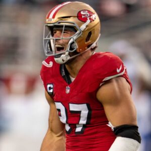 Oct 27, 2024; Santa Clara, California, USA; San Francisco 49ers defensive end Nick Bosa (97) celebrates after the sack of Dallas Cowboys quarterback Dak Prescott (not pictured) during the second quarter at Levi's Stadium.