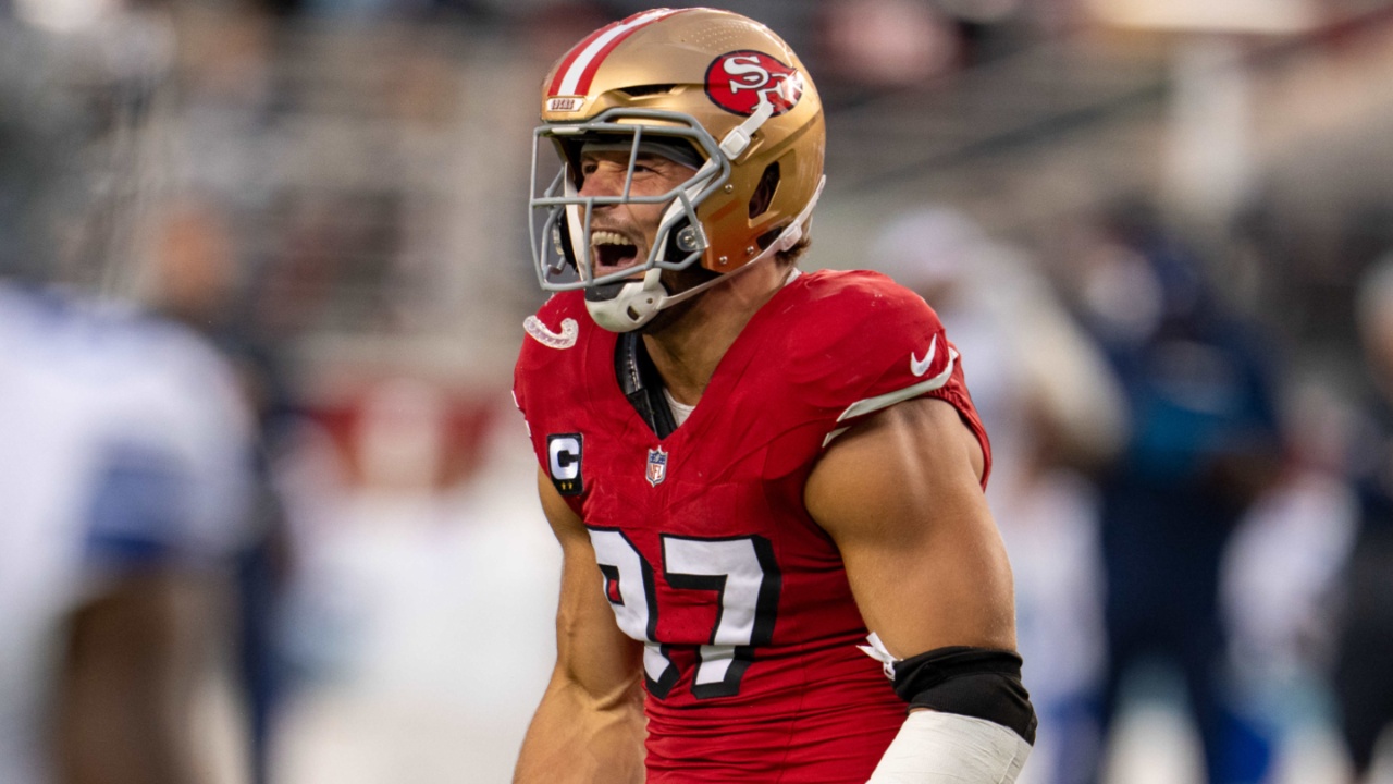 Oct 27, 2024; Santa Clara, California, USA; San Francisco 49ers defensive end Nick Bosa (97) celebrates after the sack of Dallas Cowboys quarterback Dak Prescott (not pictured) during the second quarter at Levi's Stadium.
