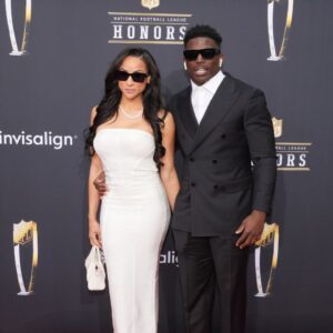 Miami Dolphins wide receiver Tyreek Hill with his wife Keeta Vaccaro on the red carpet before the NFL Honors show at Resorts World Theatre.