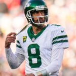 Oct 27, 2024; Foxborough, Massachusetts, USA; New York Jets quarterback Aaron Rodgers (8) on the field against the New England Patriots in the second half at Gillette Stadium.