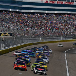 NASCAR Cup Series driver Christopher Bell (20) leads the restart of the South Point 400 at Las Vegas Motor Speedway.