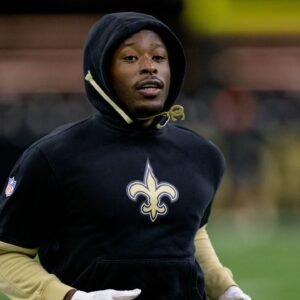 New Orleans Saints running back Alvin Kamara (41) warms up before a game against the Denver Broncos at Caesars Superdome.