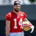 San Francisco 49ers wide receiver Ricky Pearsall (14) smiles during the 49ers rookie minicamp at Levi’s Stadium in Santa Clara, CA.