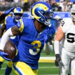Oct 20, 2024; Inglewood, California, USA; Los Angeles Rams safety Kamren Curl (3) picks up a fumble by Las Vegas Raiders quarterback Gardner Minshew (not pictured) in the second quarter at SoFi Stadium and runs it back for a touchdown.