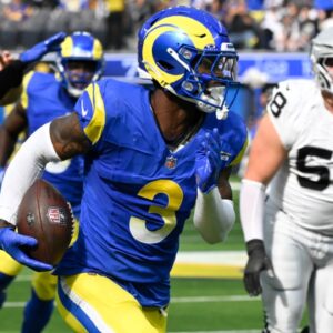 Oct 20, 2024; Inglewood, California, USA; Los Angeles Rams safety Kamren Curl (3) picks up a fumble by Las Vegas Raiders quarterback Gardner Minshew (not pictured) in the second quarter at SoFi Stadium and runs it back for a touchdown.