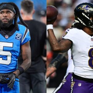 Diontae Johnson (L) and Lamar Jackson (R).