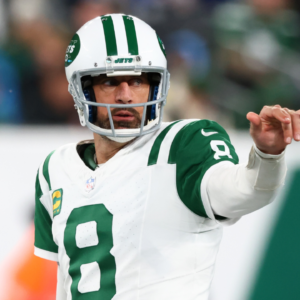 Jets quarterback Aaron Rodgers (8) during the first half of their game against the Buffalo Bills at MetLife Stadium.