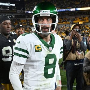 Oct 20, 2024; Pittsburgh, Pennsylvania, USA; New York Jets quarterback Aaron Rodgers (8) reacts following a loss to the Pittsburgh Steelers at Acrisure Stadium.