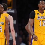 os Angeles Lakers shooting guard Kobe Bryant (24) and center Dwight Howard (12) in the first half of the game against the Washington Wizards at the Staples Center.