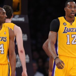 os Angeles Lakers shooting guard Kobe Bryant (24) and center Dwight Howard (12) in the first half of the game against the Washington Wizards at the Staples Center.